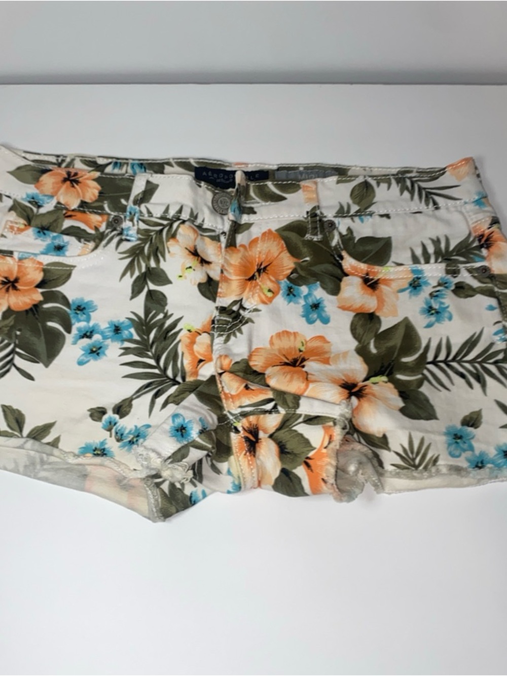 Aeropostale White Floral Denim Cutoff Shorts with Orange & Blue Blooms